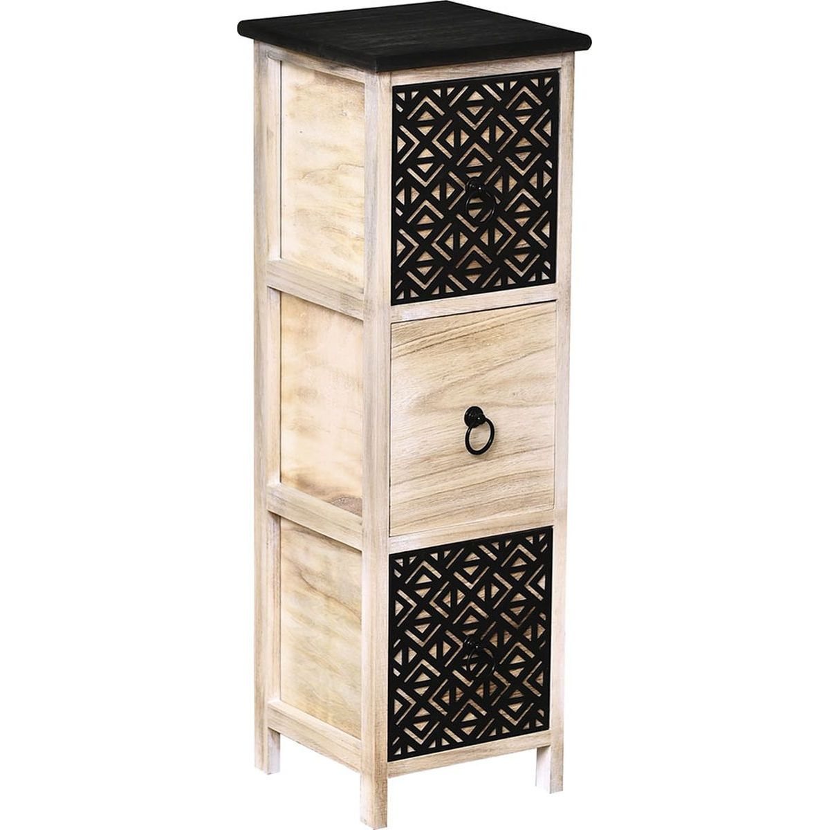 Mobilier din MDF/Paulownia cu 3 Sertare și Mânere Rotunde din Metal - Natural/Negru cu Gravură