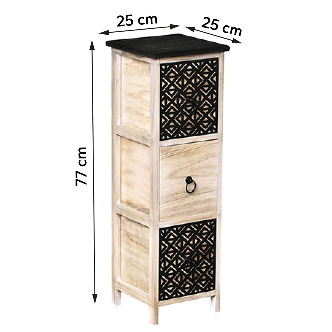 Mobilier din MDF/Paulownia cu 3 Sertare și Mânere Rotunde din Metal - Natural/Negru cu Gravură