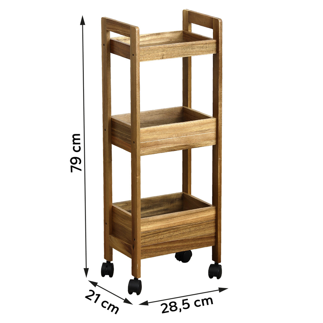 Mobilier din Acacia/MDF pe roți cu 3 rafturi - Acacia