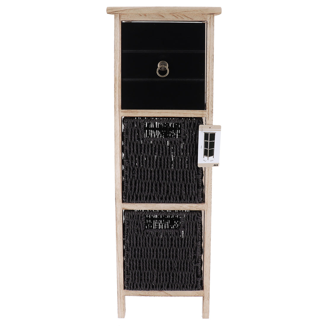 Mobilier din Paulownia/MDF cu 1 Sertar, Buton Negru și 2 Coșuri din Hârtie - Negru/Natural