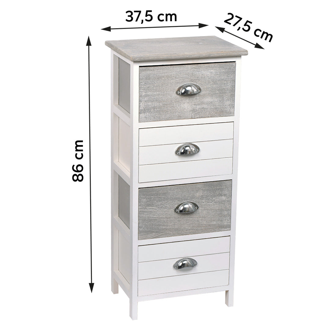 Mobilier din Paulownia cu 4 Sertare și Mânere din Metal - Bicolor Alb/Gri