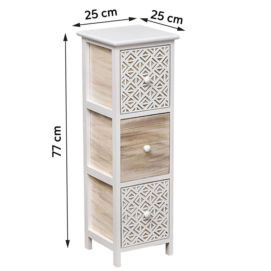 Mobilier din Paulownia cu 3 Sertare și Mânere din Lemn - Alb/Natural/Gravat