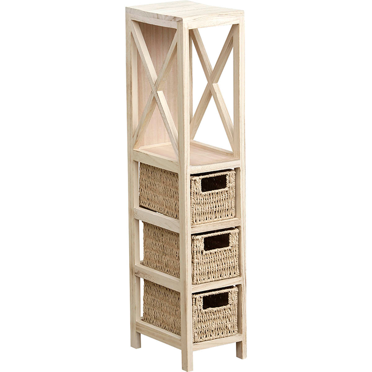 Mobilier Natural din MDF cu 1 Raft + 3 Coșuri Împletite din Hârtie - Natural